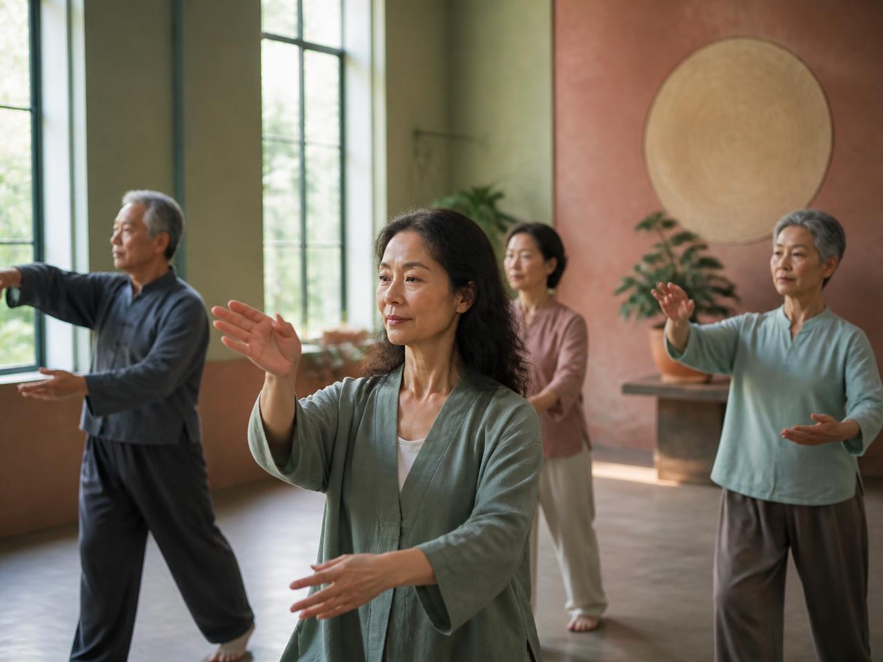 Séance de qi gong dans une salle lumineuse, mouvements lents des bras