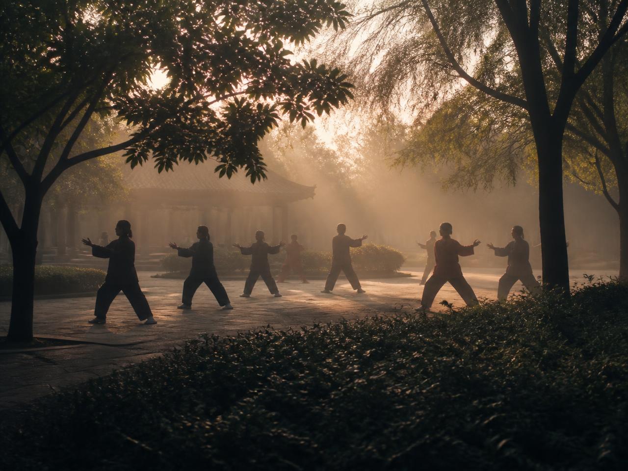 Pratique du tai ji en extérieur à l'aube, silhouettes en mouvement lent dans la lumière