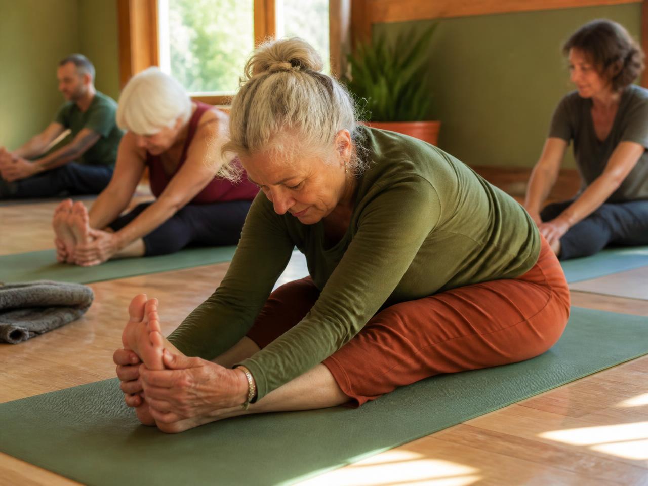 Groupe de pratiquantes et pratiquants de yoga en étirement assis sur des tapis