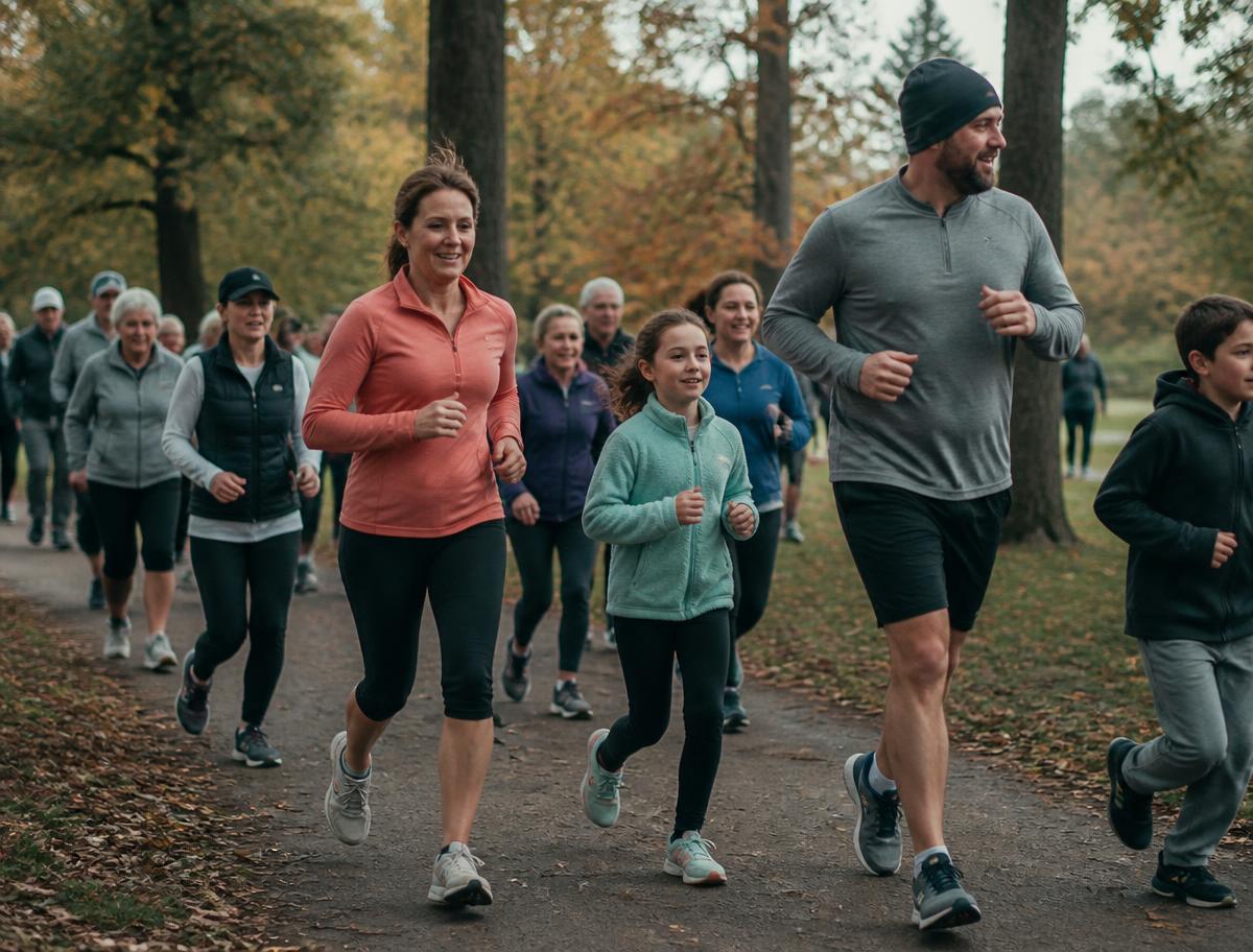 Coureurs et marcheurs de tous âges sur un chemin de parc lors de la course du Téléthon