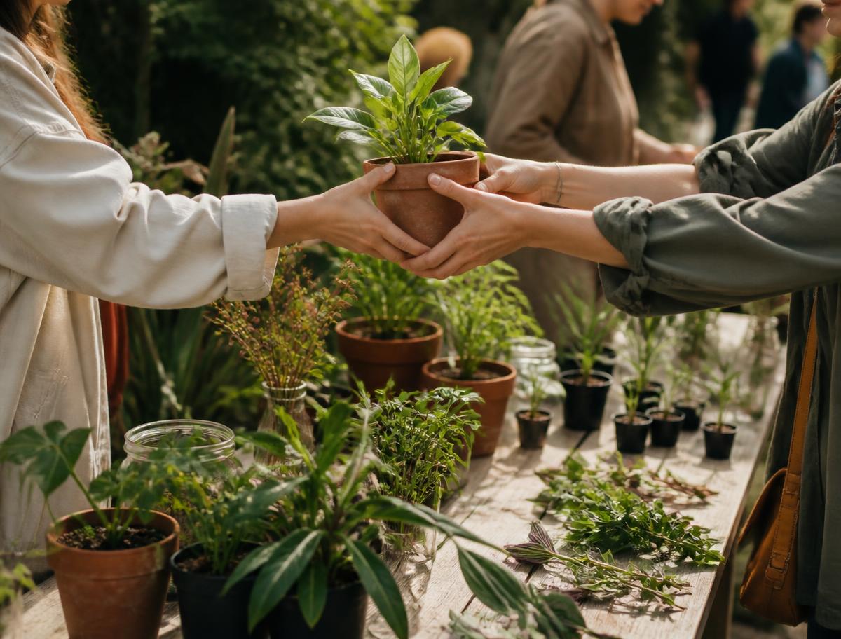 Table couverte de plants et de boutures échangés lors du troc-plantes