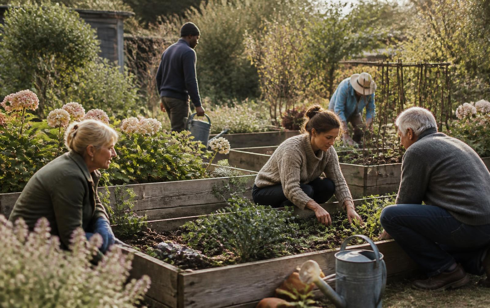Jardinières et jardiniers du collectif entretenant les carrés potagers entourés d'hortensias