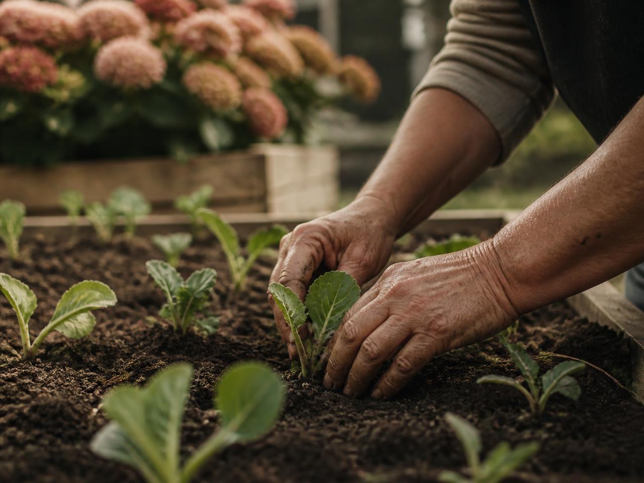 Mains plantant de jeunes pousses dans la terre du jardin collectif